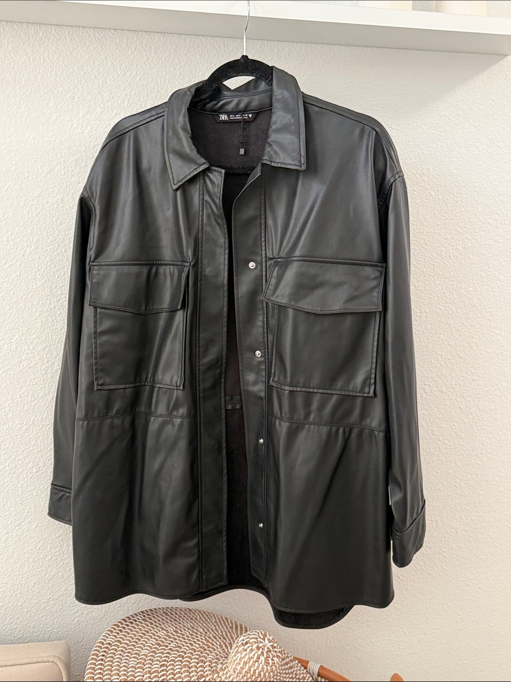 ZARA Black Faux Leather Utility Shirt Jacket